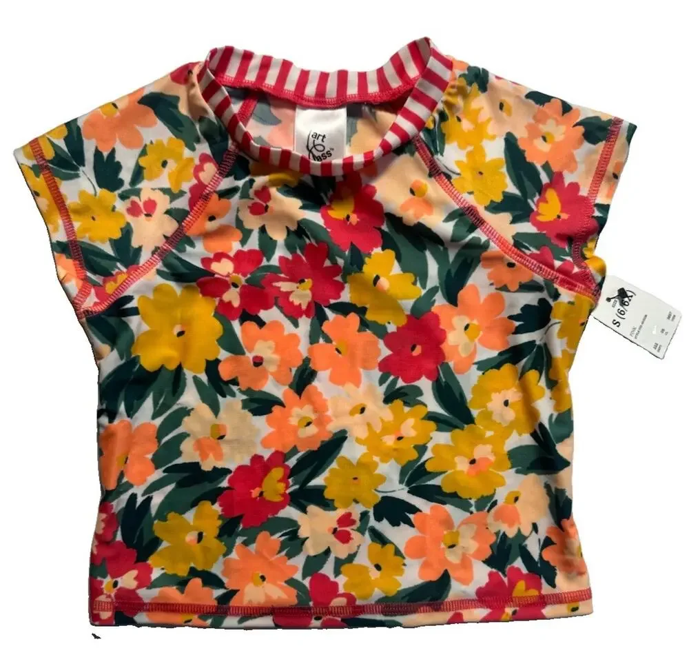 Art Class Girls Floral Rash Guard Swim Top Size S 6/6X Pink Short Sleeve NWT